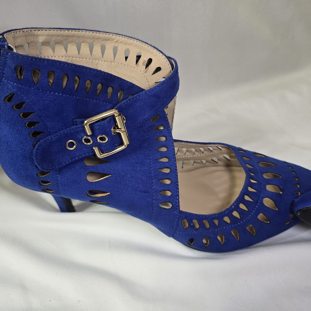 Midnight Velvet Blue Heels with Decorative Cutouts